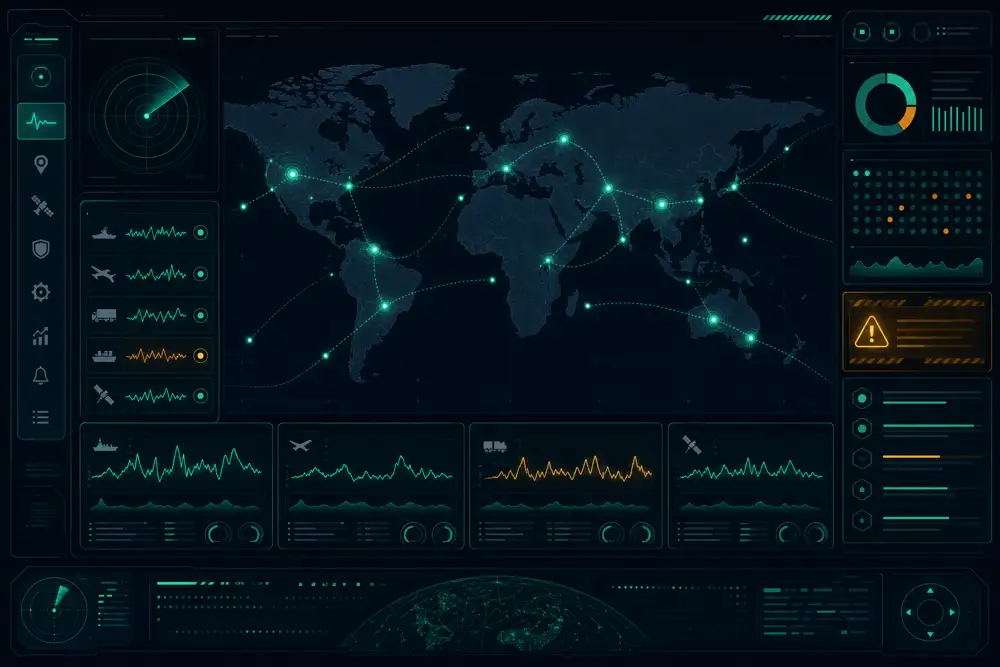 Painel de monitoramento em tempo real mostrando mapa com rotas de cargas rastreadas e indicadores de status